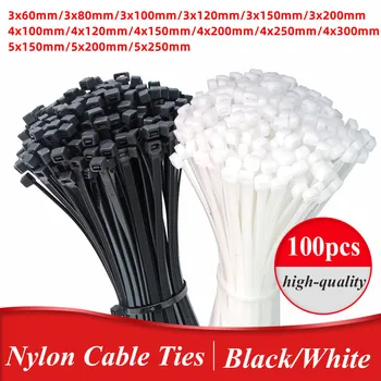 100 бр. черно-бели кабелни превръзки, самоблокирующиеся пластмасови скоби за кабели, мрежести, крепежное пръстен с различна големина 3x60 мм 4x100 mm