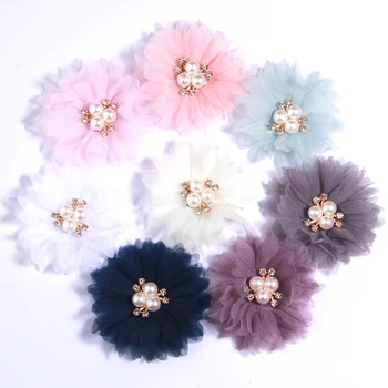 120 бр., 6,5 см, тъканни цветя, ръчно изработени с перли за чалми на главата, шифоновый цвете за заколок, аксесоари, букет