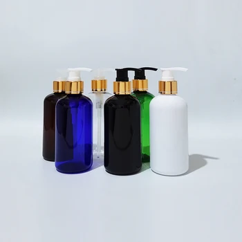 20 броя 250 мл пластмаса, PET бутилки със златен алуминиева помпа за лосион Прозрачен бял черен контейнер за течен сапун душ Гел