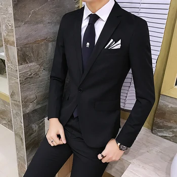 2019 Модни Нови Мъжки Приталенные Черни Костюми, Мъжки Сватбени Смокинги в Корейски Стил, Комплект от 2 теми, Висококачествени Мъжки Костюми по поръчка
