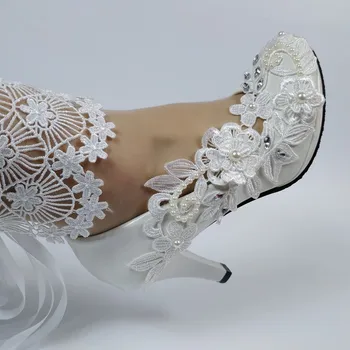 2020 Ново записване, сватбени обувки с каишка на щиколотке, дантела с флорални перли, Обувки на висок ток, дамски обувки за шаферките на тънък ток, с кръгло бомбе