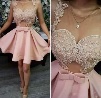 2021 Розови рокли за срещи на възпитаници, прозрачна лейси апликация в областта на шията, къса дрехи за бала, прозрачна меню с коктейли на парти, евтини рокли
