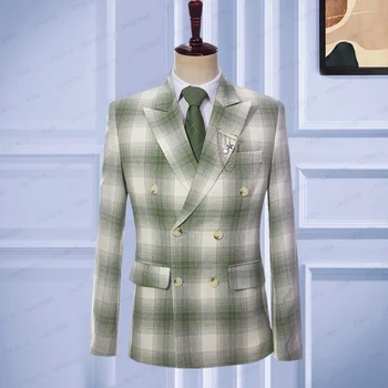 2023 Годишният Нов модерен мъжки костюм светло зелен бял Класически карирани бельо смокинг младоженеца Ежедневни бизнес сватбена яке Блейзери палто