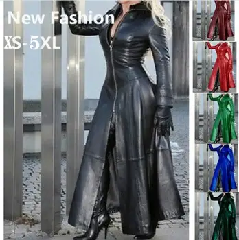 2023, дамски модни дълго яке от естествена кожа в стил киберпънк, ежедневни свободни копчета, обикновена палто, байкерская сако с ревери, големи размери