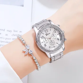 2023 Дамски часовници Модерен часовник-гривна от розово злато, дамски ръчни часовници с сребърна каишка от неръждаема стомана, дамски кварцов часовник