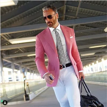 2023 Нов розов костюм, мъжки ежедневни бизнес оборудвана смокинг, комплект от 2 теми