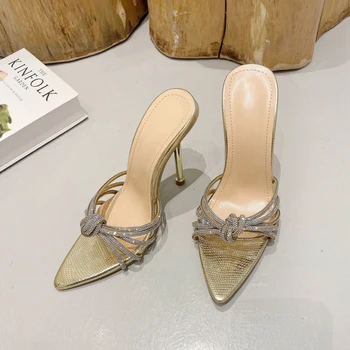 2023 нови Летни дамски сандали на висок ток с препратка кристали, модни дамски чехли на висок ток