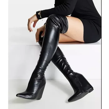 2023 Черни ботуши до бедрото на танкетке, дамски модни ботуши над коляното на висок ток с остър пръсти, големи размери 34-43, дамски обувки