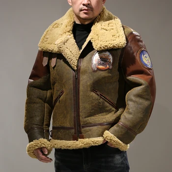 2265 Европейски размер, качество на супер топло палто от естествена овча кожа, мъжко яке-бомбер от овча вълна в голям размер, B3, военна кожа яке