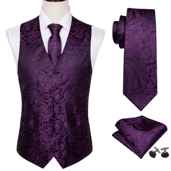 4 БР. мъжка копринена жилетка за партита, сватби, лилаво, с цветя модел Пейсли, жилетка с квадратна вратовръзка, оборудвана костюм, комплект Бари.Уанг BM-2020 г.