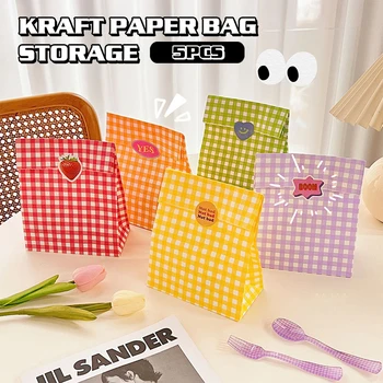 5 бр. cartoony цветни карирани крафт хартиена торбичка за бонбони, сладкиши, плик за закуски, подарък чанта-органайзер за съхранение вкъщи