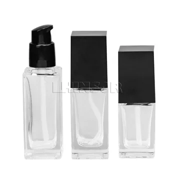 5 бр./лот, квадратна черна шапка, прозрачна стъклена бутилка за лосион, бутилки за течна основа, луксозен контейнер за течности, козметични контейнери