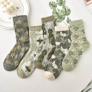 5 двойки женски чорапи, нов комплект чорапи в стил кънтри, зелен есента цвете, меки, приятни за кожата, дишащи корейски модни чорапи