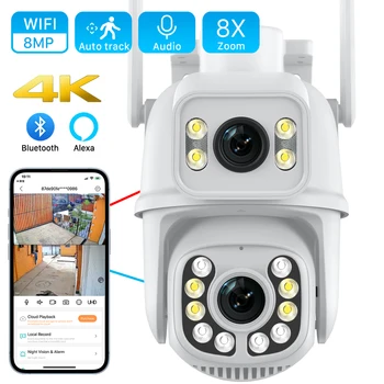 8-мегапикселова камера 4K Wifi с двоен обектив, водоустойчива камера за видеонаблюдение IP камера с бяла светлина и аларма