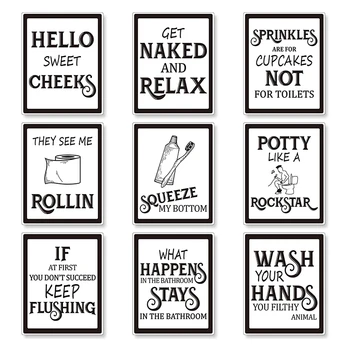 9 теми, стенен декор за баня, забавни ретро знак баня, плакати за баня, обзавеждане за баня