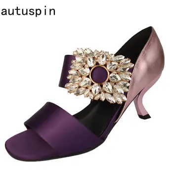 Autuspin Елегантни дамски обувки-лодка с Модерен дизайн лилаво летни сандали на висок ток от естествена кожа със кристали Вечерни сватбени обувки 2023