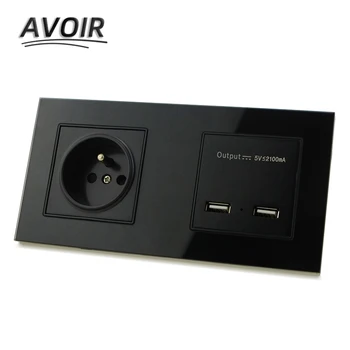 Avoir FR Стандартна изход захранващ Адаптер USB порт за зареждане на мобилни устройства Двойно стенни изход Стъклен панел изход