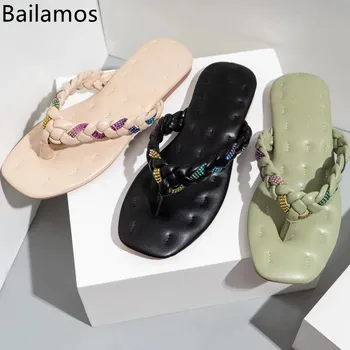 Bailamos/модни дамски чехли, дамски обувки с отворени пръсти и квадратни пръсти, празнични чехли на равна подметка, дамски ежедневни плажната обувки, чехли голям размер