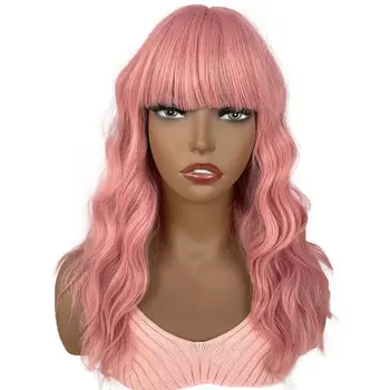 BCHR Кратък розово вълнообразни перука Боб с бретон с дължина до раменете, перуки за жени, натурални и синтетични перуки за cosplay на парти