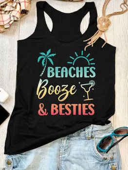 Beaches Booze & Besties Летни основни ризи на бретелях от кокосовата палма, черно случайни спортна жилетка с открити рамене, женски майк