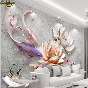 beibehang Потребителски фотообои с отпечатан във формата на лотос на стената Пейзаж фреска, фон украса на хола Стенни хартия живопис