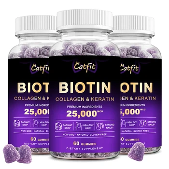 Catfit Биотин Колаген дъвки С Вкус на Боровинки Колаген Добавка, Биотин за Растеж на косата Капсули за Избелване на Кожата за Мъже и Жени
