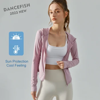 DANCEFISH 2023, дамско яке с качулка, защита от слънце, усещане за прохлада, лека жилетка за занимания във фитнес залата, Селма, йога, жилетка с цип