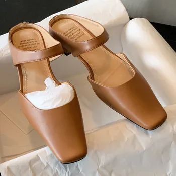 danxuefei / големи размери 34-42; дамски летни чехли на равна подметка без обков от естествена кожа с квадратни пръсти; ежедневни дамски сандали-чехли ; дамски обувки