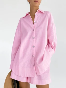 Dutrieux, свободна жена домашни дрехи, комплекти от 2 теми, розова пижама с дълъг ръкав, дамски ежедневни костюми с къси панталони, пролет 2023, обикновен