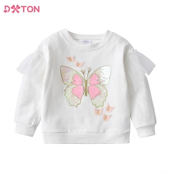 DXTON / Блузи за момичета, Зимни Детски тениски с дълги ръкави, Памучен Детски Дрехи, Дебели Тениски с пеперуди и пайети за момичета, от 3 до 12 години