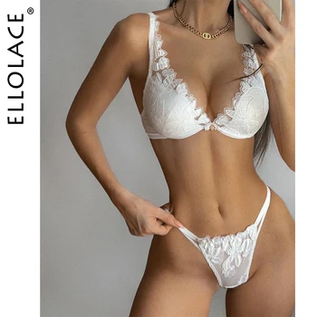 Ellolace, необичайно секси бельо, гореща Секси лейси бродерия, интимен сутиен push-up, женски комплект от 2 теми, безшевни бяло облекло