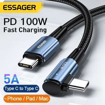 Essager 100 W USB Кабел Type C-Type C под ъгъл от 90 Градуса, за да Xiaomi Samsung, Huawei Macbook iPad 60 Вата Тел за Бързо зареждане Type C за пренос на данни