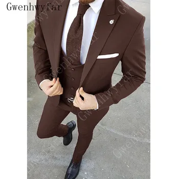 Gwenhwyfar приталенные кафяви бизнес мъжки костюми, сватбени смокинги за младоженеца-комплект от 3 теми (яке + жилетка + панталони) Най-добър мъжки костюм за бала Homme
