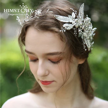 HIMSTORY Разкошна корона от листа, перли, сватбена тиара, превръзка на главата, 100% сватбена прическа ръчно изработени аксесоари за коса, бижута
