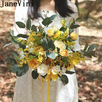 JaneVini, жълта Кала, сватбени цветя, булчински букет рози от изкуствена коприна, букет за шаферка