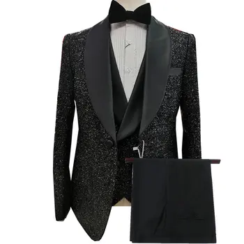 JELTONEWIN Последните модели палта и панталони, черни лъскави мъжки костюми, смокинг на поръчка, блейзър от 3 теми, сватбени костюми за младоженец, мъжки костюм