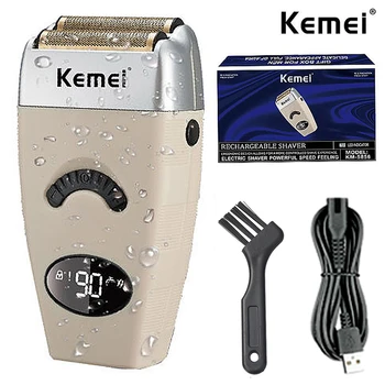 Kemei самобръсначка с двойно фолио, самобръсначка за мъже, 0 мм, обхващащи плешивина, професионални фризьорски салон машина за подстригване на брада, безжична машинка за подстригване 5856