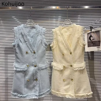 Kohuijoo, лятно ново двубортное коварен твидовое вълнена рокля с ресни, пискюли, метални копчета, вечерни модни дрехи-жилетки без ръкави
