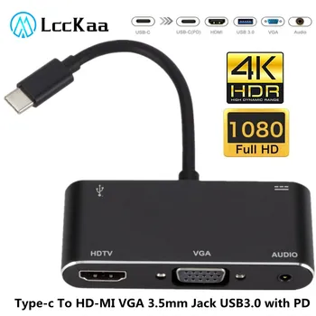 LccKaa 4K Type-C-HDMI-съвместими VGA USB 3.0 Хъб 1080P Адаптер 3.5 мм Конектор USB 3.0 с мощността PD за лаптоп MacBook Pro, Телефон