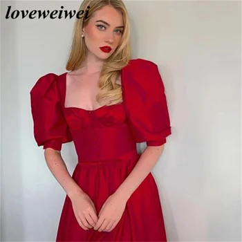 Lovewei, червени сатенени вечерни рокли, с кръгло деколте, дълги рокли за абитуриентски бал с пищни ръкави, елегантна секси вечерна рокля размер