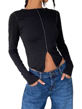 NewNewCome Дамски Блузи Y2K с дълъг ръкав, тънки Тениски с кръгло деколте, ластични панталони Тениски от ребристого трикотаж (бежово-сив S)