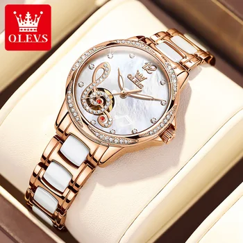 OLEVS, нови модни ежедневни дамски автоматични механични дишащи кожени луксозни часовници гривна, водоустойчив светещи часовници 6656