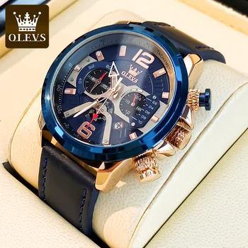 OLEVS Черни Големи Мъжки Ръчен Часовник Най-добрата Марка на Луксозни Спортни Мода Кожена Хронограф Водоустойчив кварцови Часовници за Мъже, Мъжки часовник