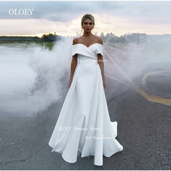 OLOEY Прости сватбени рокли на русалка с подвижна влак с отворени рамене, меки сатенени булчинска рокля, вечерна рокля за партита, големи размери