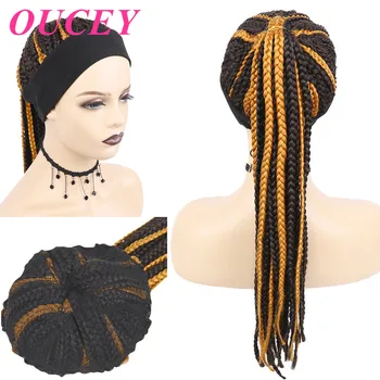 OUCEY Дълги плетени опашка в клетката, перуки за черни жени, синтетична превръзка на главата с перука, коса, африка натурален черно-кафява перука, женски