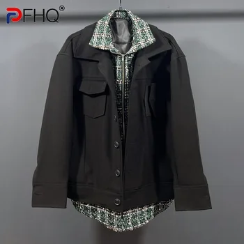 PFHQ, есен мъжко вълна палто в клетката, фалшив, от две части, нередовен дизайн ниша, тъмно облекло в стил мозайка, мотоциклетни якета 21Z1272