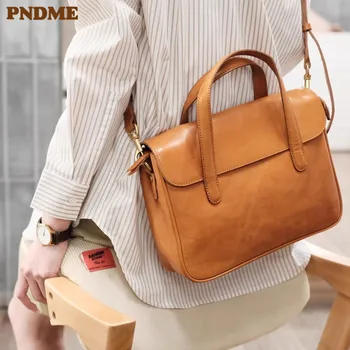 PNDME ежедневни висококачествена дамска чанта пощальон от естествена кожа за пътуване на открито, луксозна дамска чанта от естествена телешка кожа, работната чанта за междуградски пътувания