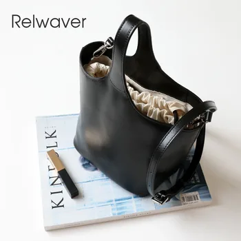 Relwaver, дамски чанти-незабавни посланици, чанта през рамо от естествена телешка кожа, модерен е черно-кафява малка чанта, плюшена чанта-кофа за жени