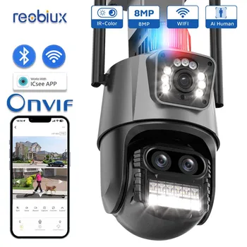 Reobiux 8MP 4K Wifi IP камера с три лещи външно наблюдение ВИДЕОНАБЛЮДЕНИЕ с многовариантен проследяване на AI Безжична PTZ камера Камера за сигурност