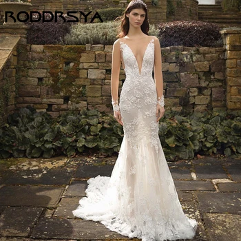 RODDRSYA Секси сватбена рокля на Русалка с дълбоко V-образно деколте и с отворен гръб, елегантна сватбена рокля на булката с дълъг ръкав, романтична сватбена рокля с аппликацией от тюл